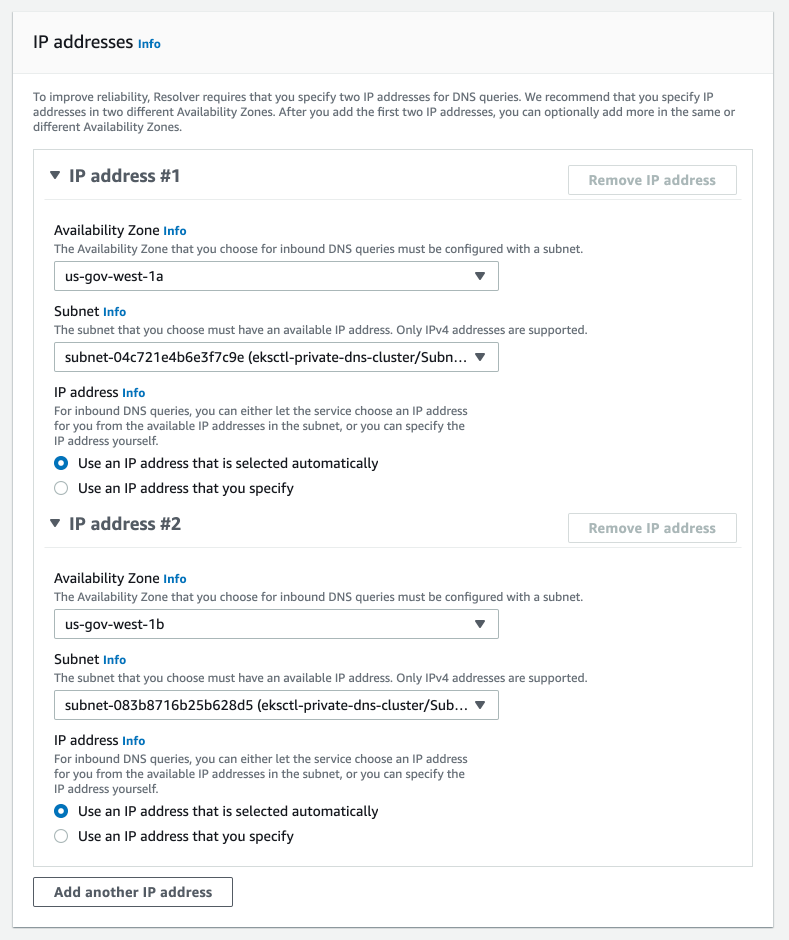 Route53 Resolver Inbound IP Settings